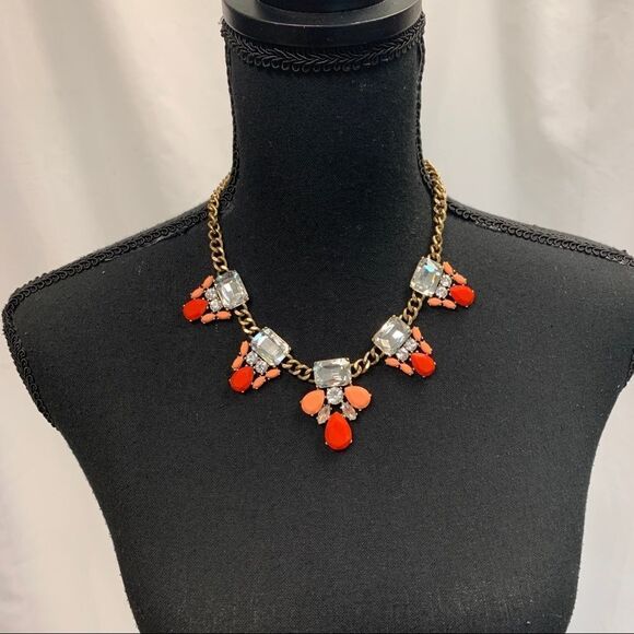 J.crew coral red pink peach clear gem jewelled gold-tone chain link necklace - Picture 4 of 10